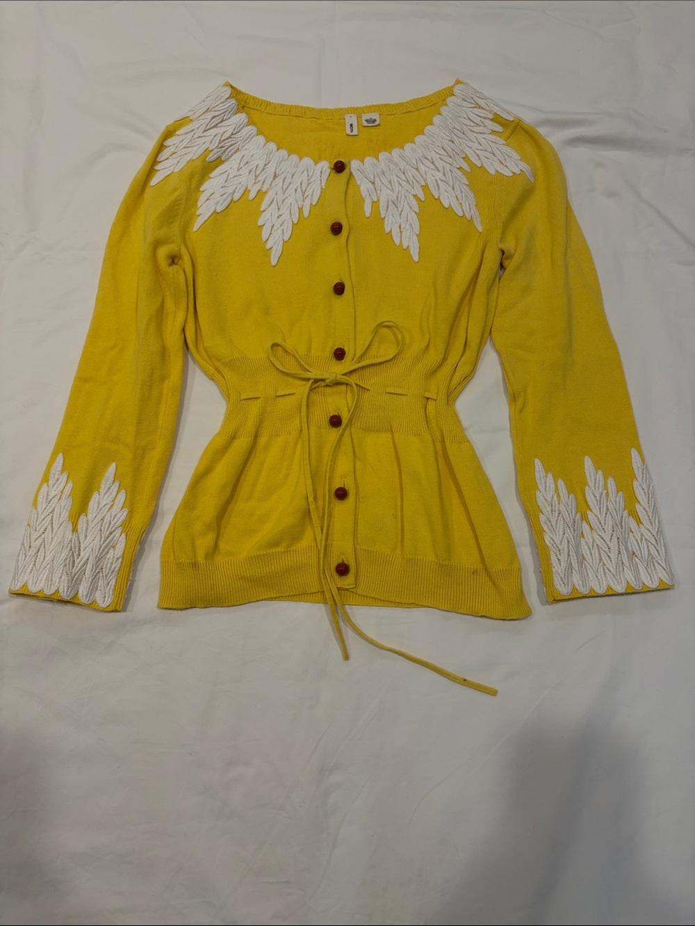 MOTH Wisteria Anthropologie CardiganYellow w/ Embroiderey Trimmed Tie-Waist Med